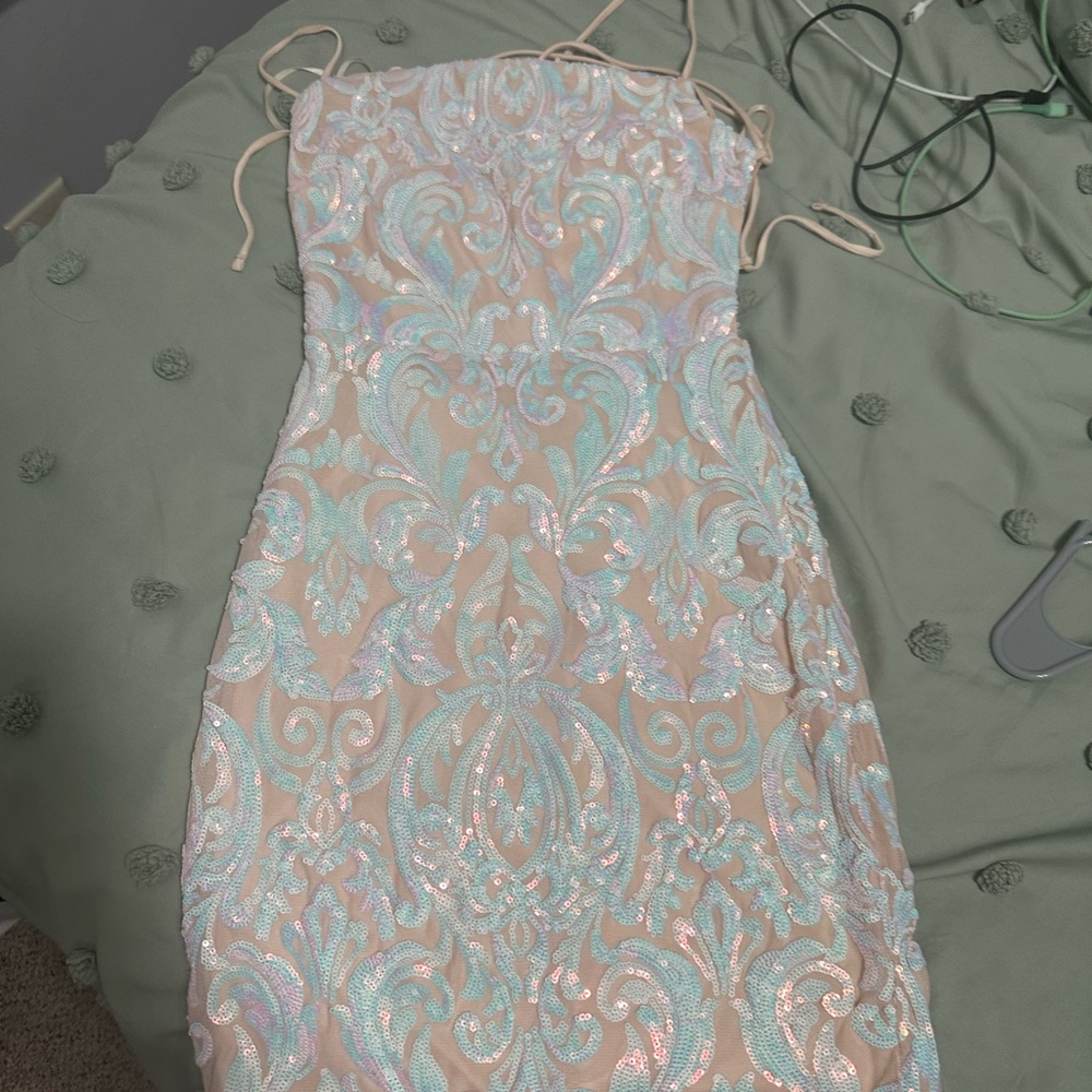 Windsor Nude Mini Dress with Iridescent Aqua Sequin Pattern